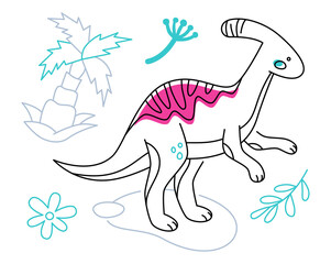 Parasaurolophus dino - line design style illustration with editable stroke