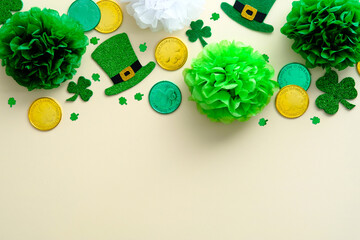 St Patricks Day shamrock, leprechauns hats, golden coins, decorations on vintage background. Flat...