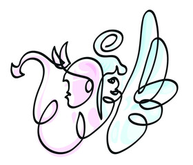 One line drawing of devil and angel

One continuous line drawing of  heaven and hell concept
