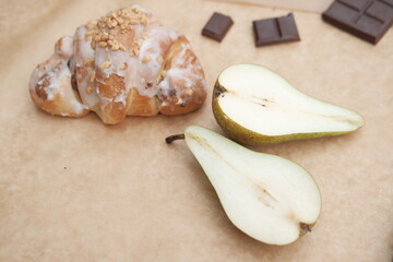 Food is on the table. Sweets and bread products