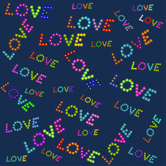 Love text, made of flowers of different colors, vector background for Valentine's Day. Love is everywhere around us
