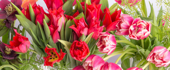Spring bouquet. beautiful large bouquet of pink tulips, sunny day