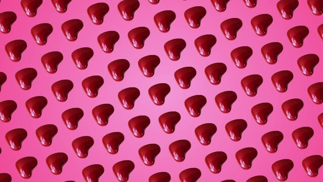 Professional motion design 4K animated pattern with many red hearts move and rotates on trending pink color gradient backgroundnd, top view. 3 in 1 different sides and size animations for 10 sec