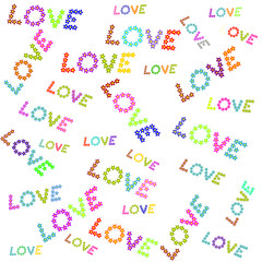 Love text, made of flowers of different colors, vector background for Valentine's Day. Love is everywhere around us