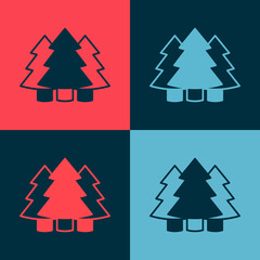 Obraz premium Pop art Christmas tree icon isolated on color background. Merry Christmas and Happy New Year. Vector