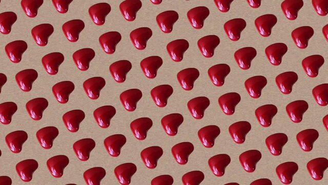 Colorful pattern of Valentines red heart Shape isolated on trending natural beige pastel color animation background .4K Creative animation video footage.It slowly rotates and animates subtly.