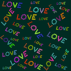 Love text, made of flowers of different colors, vector background for Valentine's Day. Love is everywhere around us