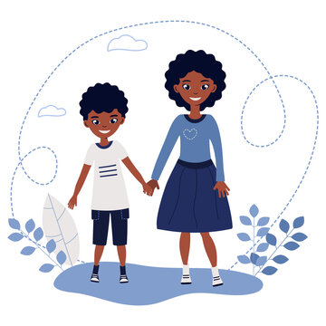 Happy African American Kids Are Smiling Outside. The Older Sister And The Younger Brother Are Holding Hands. Blue Trending Color Palette. Cute Style. Isolated Object On A White Background.