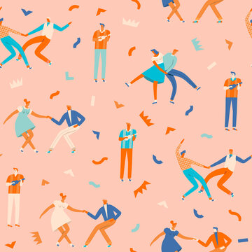 Dancing disco party illustration in vector. Funny cartoon characters dancing together seamless pattern. Vector illustration