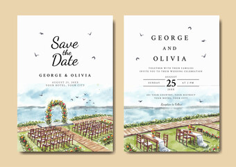 Wedding invitation of nature landscape with beautiful wedding gate view watercolor
