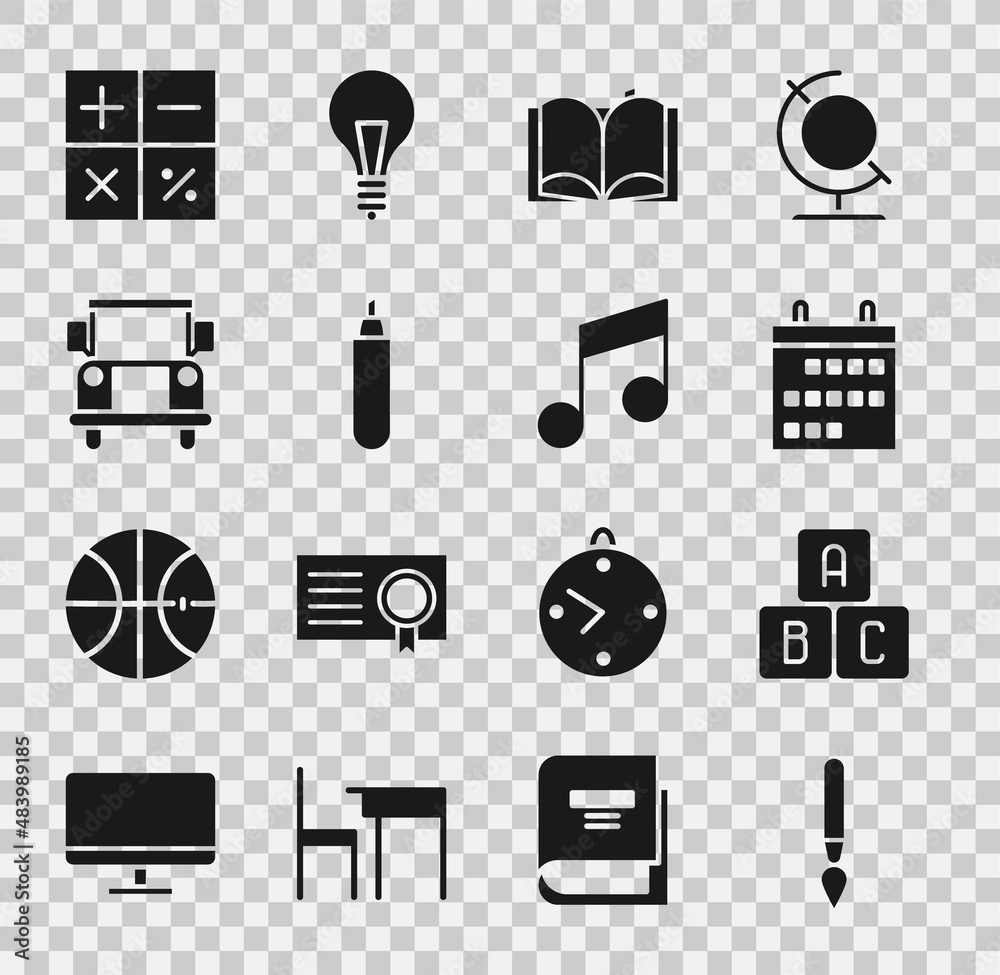 Sticker Set Paint brush, ABC blocks, Calendar, Open book, Marker, School Bus, Calculator and Music note, tone icon. Vector