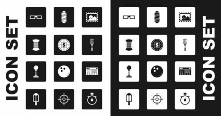Set Postal stamp, Casino chips, Sewing thread on spool, Cinema glasses, Kitchen whisk, Music synthesizer and Joystick for arcade machine icon. Vector