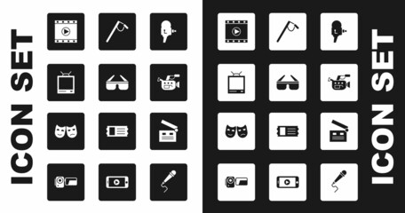 Set Retro cinema camera, 3D glasses, tv, Play Video, Cinema, Microphone, Movie clapper and Comedy and tragedy masks icon. Vector