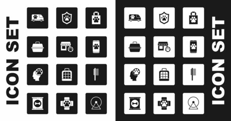 Set Shopping bag pet, Veterinary hospital, Pet carry case, ambulance, clinic, Animal health insurance, Pets vial medical and Human with animals footprint icon. Vector
