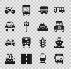 Set Bus, Cargo ship, Wild west covered wagon, Road traffic signpost, Police car and flasher, Bicycle and Cruise icon. Vector