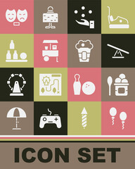 Set Balloons, Ice cream in bowl, Seesaw, Juggling ball, Fast street food cart, Bottles, Comedy and tragedy masks and Popcorn box icon. Vector