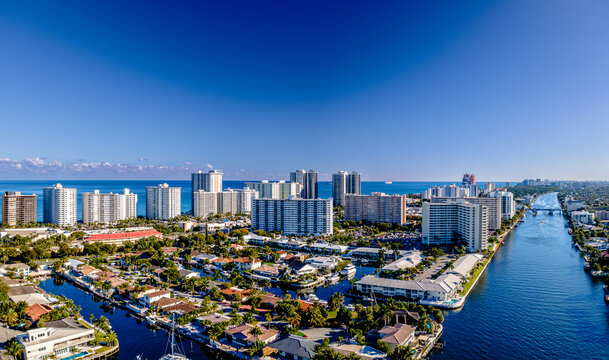 aerial drone of City of Fort Lauderdale, Florida with empty space