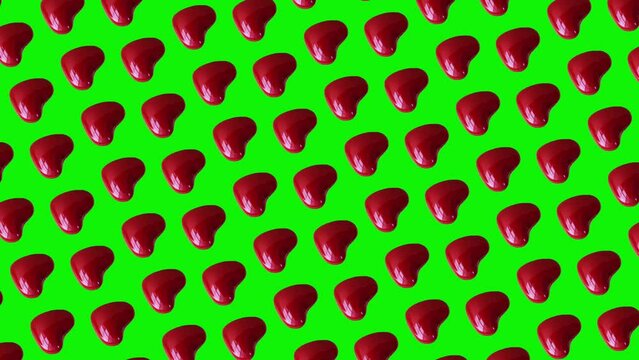 Red hearts Shape pattern with many red ripe watermelon slices animated on a isolated background. advertising concept /High quality 4k sweets footage. Minimal motion design graphics art. The Concept of