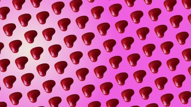 Professional motion design 4K animated pattern with many red hearts move and rotates on trending pink color gradient backgroundnd, top view. 3 in 1 different sides and size animations for 10 sec