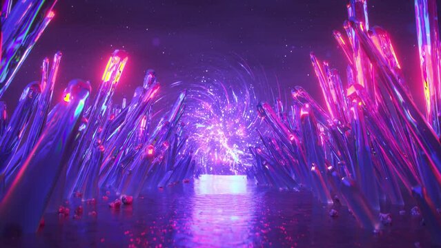 Sci-fi pathway with cosmic crystal minerals. Space mining concept. Seamless loop 3D render animation