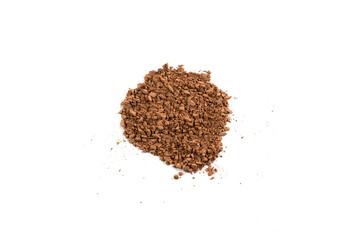 Makeup cosmetics. Eyeshadow in brown color crushed palette, colorful eye shadow powder on white background