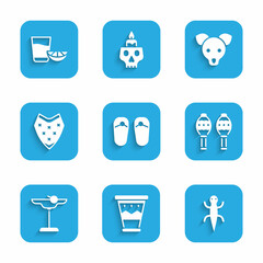 Set Flip flops, Mexican drum, Lizard, Maracas, Margarita cocktail, Poncho, Dog and Tequila glass with lemon icon. Vector