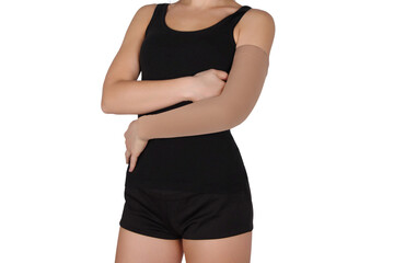 Fototapeta premium Compression sleeve. Compression Hosiery. Medical stockings, tights, socks, calves and sleeves for varicose veins and venouse therapy. Clinical knits. Sock for sports isolated on white background.