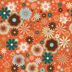 Retro Floral Seamless Vector Pattern in Mid Century Modern Style. Flowers of 60s, 70s. Warm Light Peach, Green, Brown and Beige Colors  
