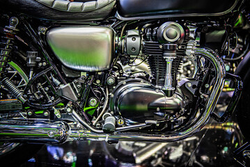 Close up of modern motorcycle engine and structure.