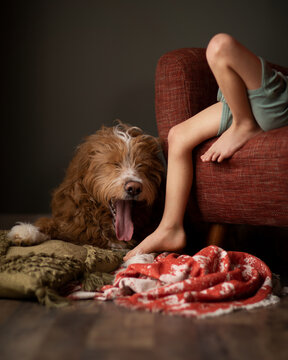 A boy and his dog tired after running and playing indoors