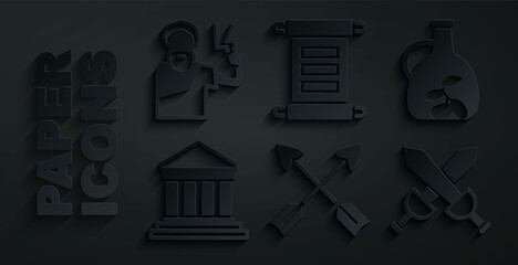 Set Crossed arrows, Bottle of olive oil, Parthenon, medieval sword, Decree, parchment, scroll and Zeus icon. Vector