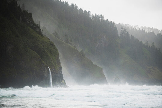 Coastal waterfall along Oregon shoreline
