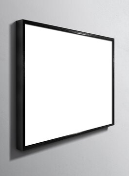 Black minimalist frame illustration isolated on wall background in perspective view with blank inner area suitable for artwork or photographic mock-ups.