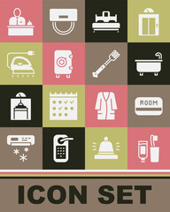 Set Toothbrush and toothpaste, Hotel key card, Bathtub, Bedroom, Safe, Electric iron, reception desk and Fork icon. Vector