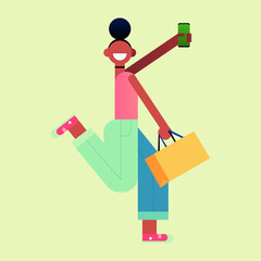 Happy shopping girl, smiling geometric shapes character, bright flat illustration