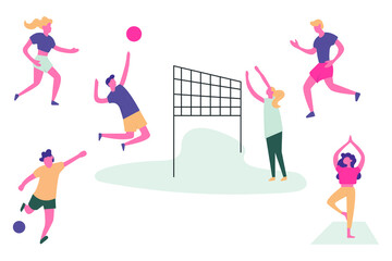 Set of cartoon characters doing different sports, men and women lead an active lifestyle, colorful flat illustration