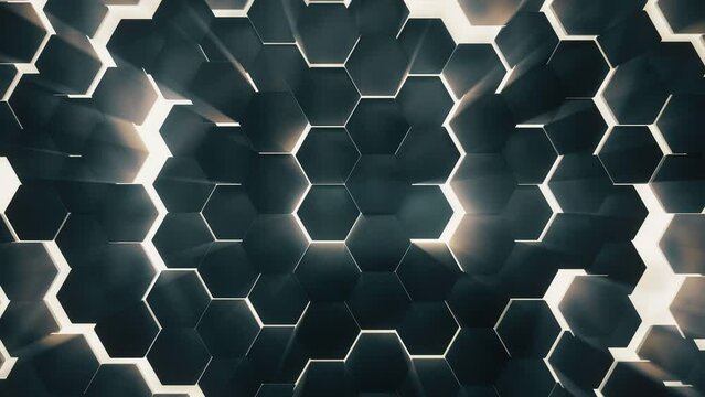Evolving tech hexagonal concrete wall leaking light 4k motion graphics background, seamlessly looping