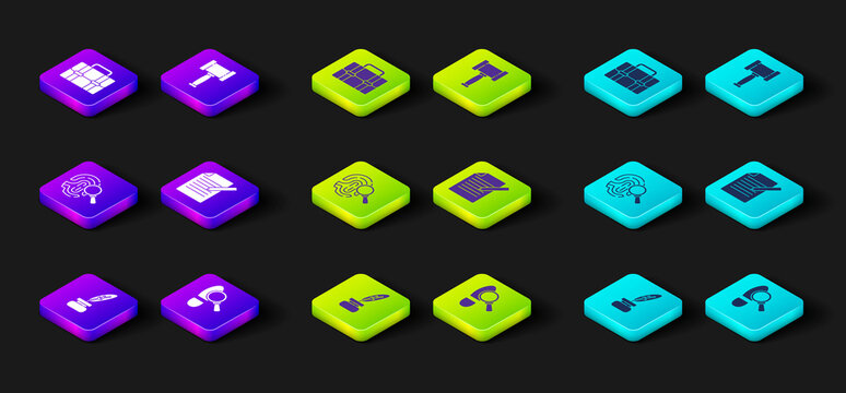 Set Feather and inkwell, Footsteps, Fingerprint, Document pen, Judge gavel and Briefcase icon. Vector