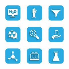 Set Microorganisms under magnifier, Test tube and flask, Molecule, Radioactive, Funnel filter and Chemical formula for H2O icon. Vector