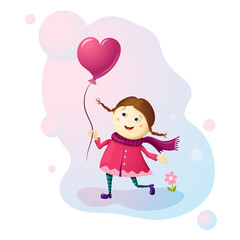 happy cute little girl with balloon in heart shape. sweet pink colours. Beautiful, romantic baby character image. kid holding air ball in her hand and smile. cartoon vector illustration for design