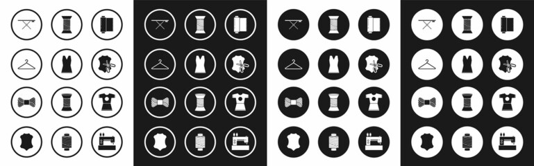 Set Textile fabric roll, Woman dress, Hanger wardrobe, Ironing board, Scissors and leather, Sewing thread spool, and icon. Vector