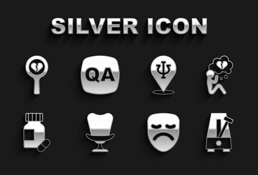 Set Armchair, Broken heart or divorce, Metronome with pendulum, Drama theatrical mask, Sedative pills, Psychology, Psi, and Question and Answer icon. Vector