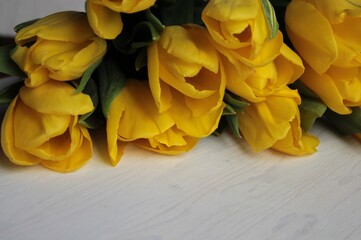 Yellow tulips on a light wooden surface.	