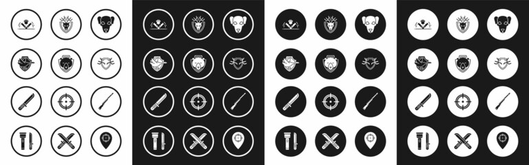 Set Hunting dog, Bear head on shield, Flying duck, Trap hunting, Deer antlers, with, gun and Hunter knife icon. Vector