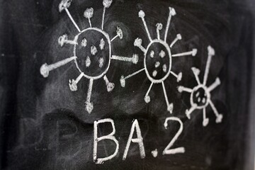 Variante del virus covid 19, omicron BA. 2, dibujado a mano en una pizarra con tiza - obrazy, fototapety, plakaty