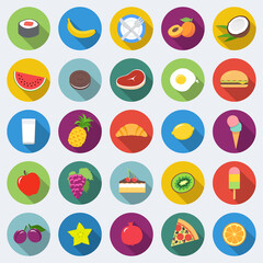 Set of food icons in flat design with long shadows 