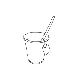 Black hand drawing outline vector illustration of a paper or plastic cup for hot tea with a spoon and a tea bag isolated on a white background