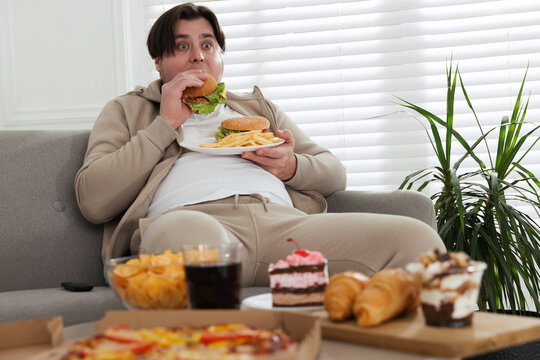 Overweight man with plate of burgers and French fries on sofa at home
