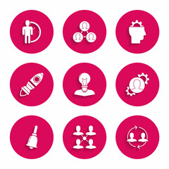 Set Human head with lamp bulb, Project team base, resources, gear inside, Ringing bell, Rocket ship fire, and Time Management icon. Vector