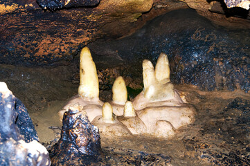 Stalactite, stalagmite walls of the cave. Template for design.